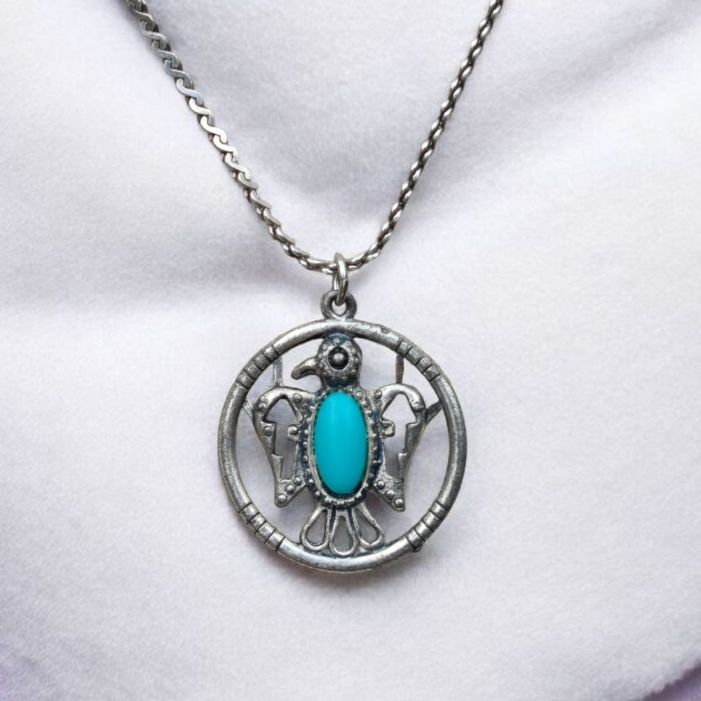 Vintage Sterling Native American Turquoise Peyote Bird Pendant Necklace